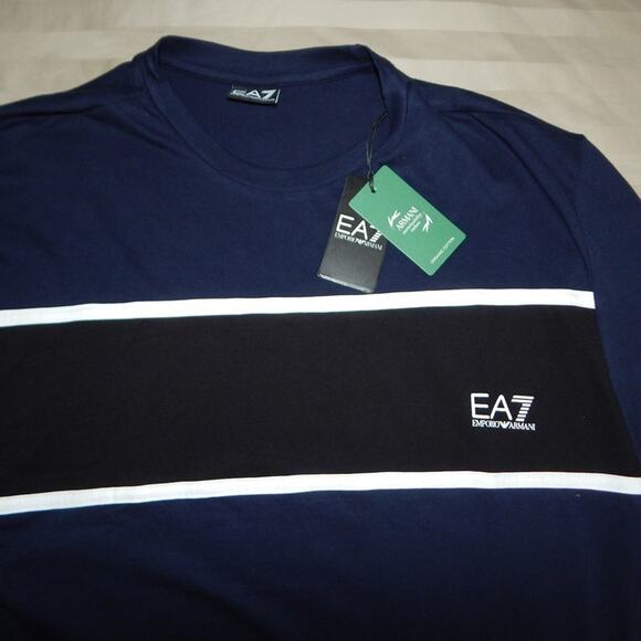 NWT Men’s EMPORIO ARMANI EA7 Cotton Blue T Shirt Color Block Embellished Size XL - Picture 6 of 7